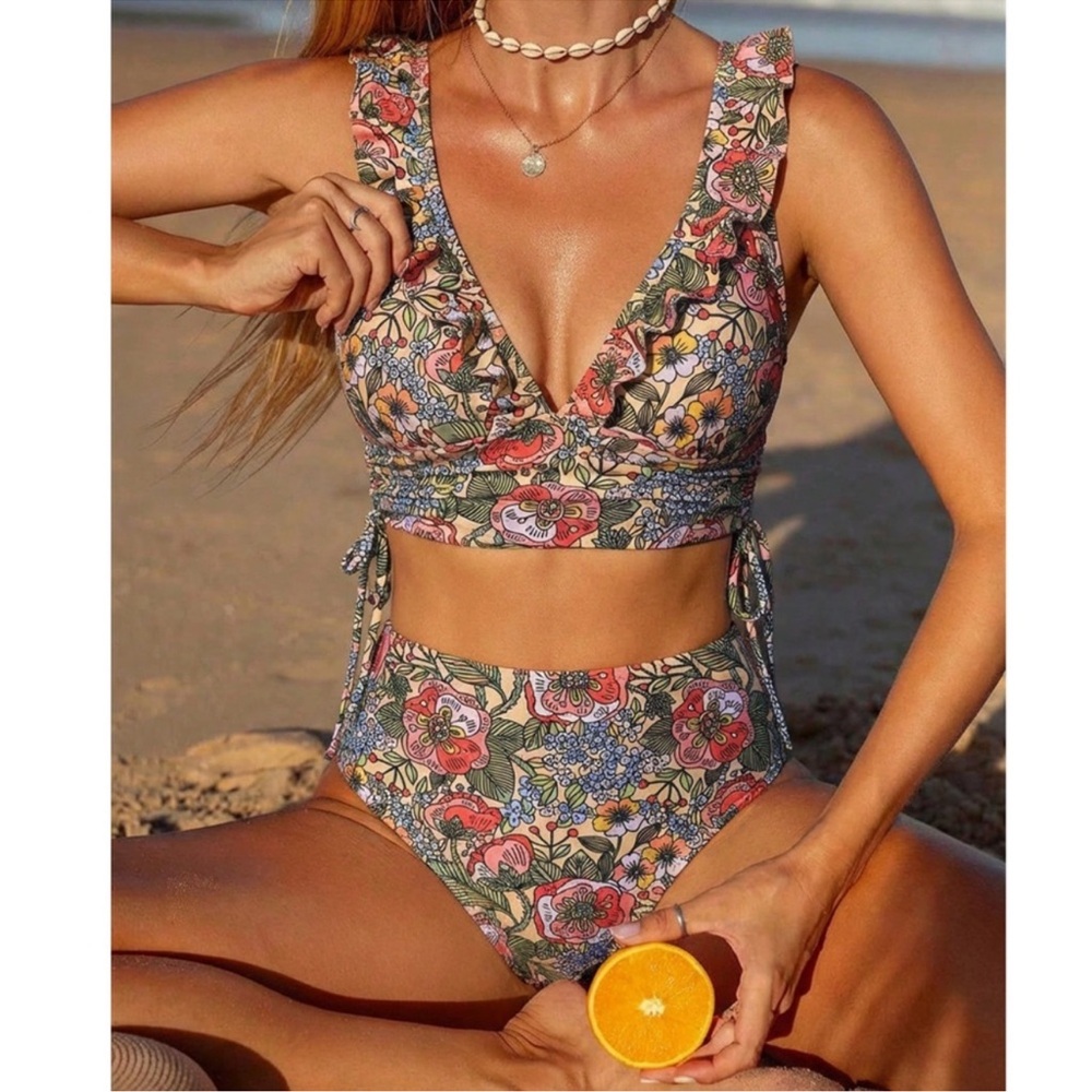 Bohemian Floral Pattern Ruffle Trim Ruched 2pc Bikini Swimsuit S M L XL
